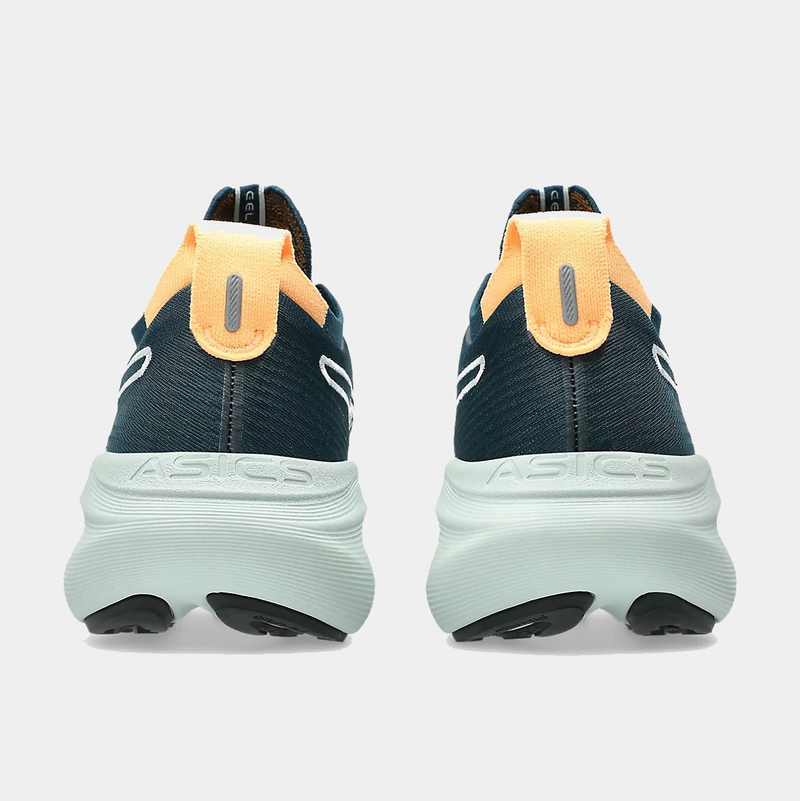 Asics GEL-Nimbus 27 TR running shoes back view with navy blue upper, orange heel loop, and white foam midsole.