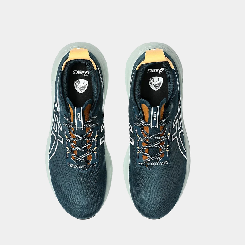 Asics GEL-Nimbus 27 TR running shoes in dark teal with mesh upper, orange accents, and lace-up closure, top view