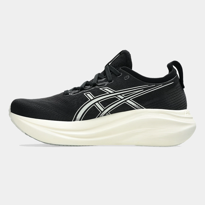 Asics Gel-Nimbus 27 running shoes in black with mesh upper and white foam midsole, side view showing Asics logo detailing.
