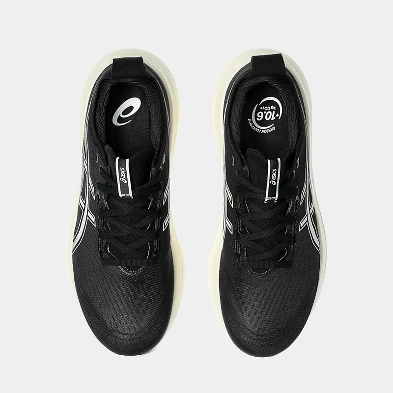 Asics Gel-Nimbus 27 running shoes in black with a mesh upper and lace-up design, top view.