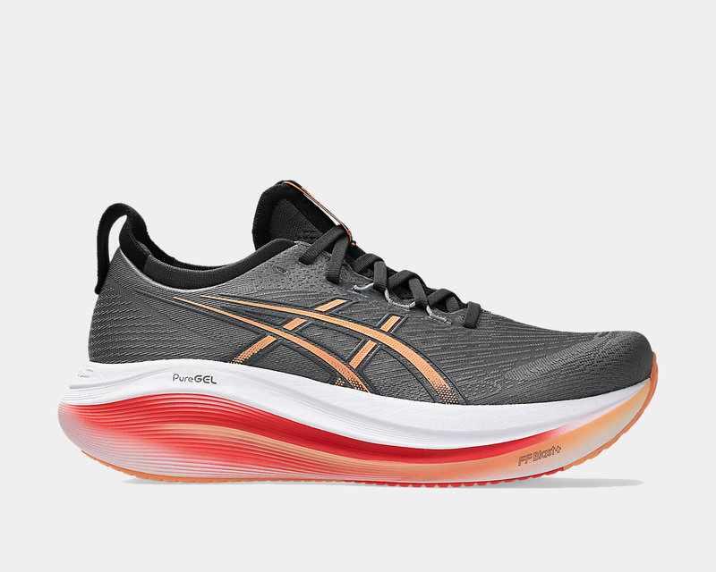 Asics Gel-Nimbus 27 running shoes in dark gray with orange accents, soft knit upper, PureGEL cushioning, and FF BLAST+ midsole, side view