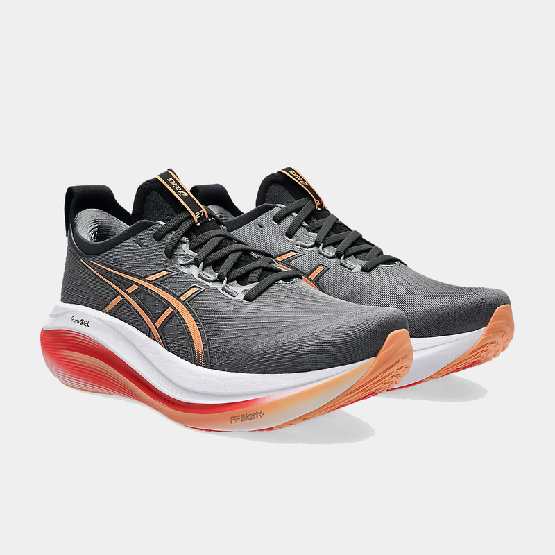 Asics Gel-Nimbus 27 running shoes in gray with orange accents, featuring mesh upper, FF Blast+ cushioning, and PureGEL technology, front angle view.