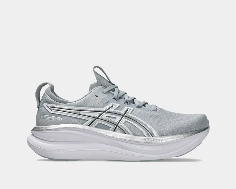 Asics Gel-Nimbus 28 ATC running shoes in light gray with breathable mesh upper and silver accents, side view.