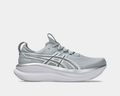 Asics Gel-Nimbus 28 ATC running shoes in light gray with breathable mesh upper and silver accents, side view.