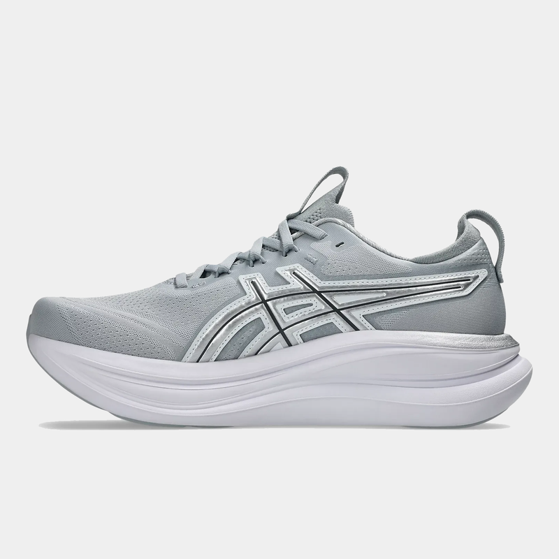 Asics Gel-Nimbus 28 ATC running shoes in light gray with a breathable mesh upper, white midsole, and tonal Asics logo, side view.