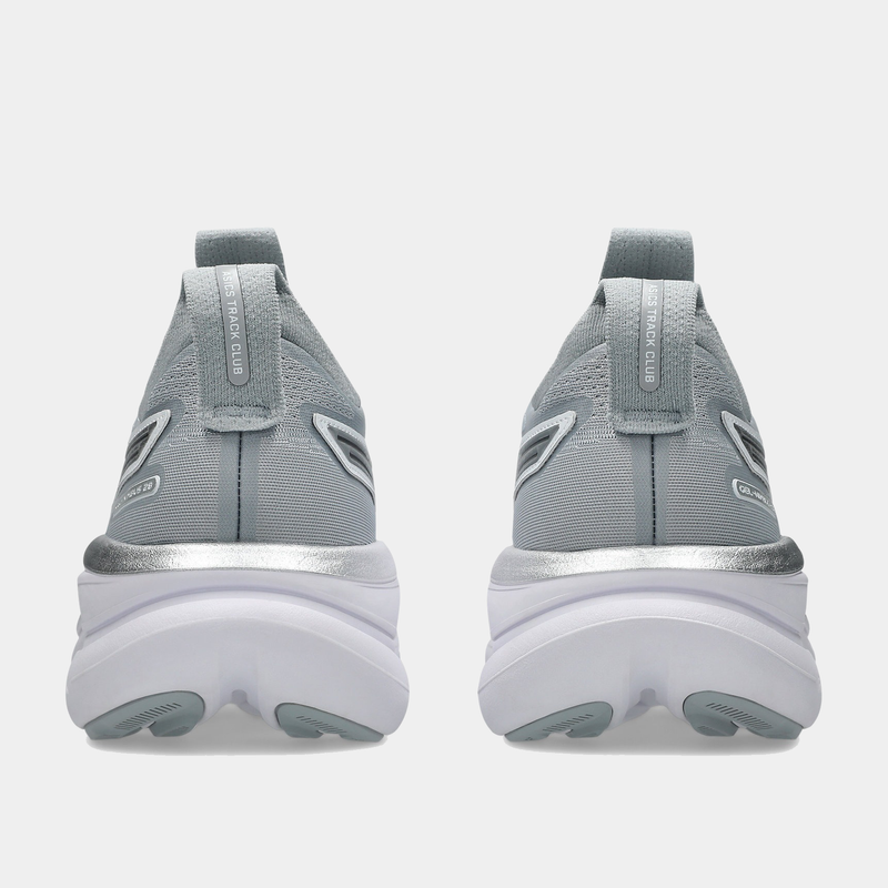 Asics Gel-Nimbus 28 ATC running shoes in gray with metallic silver accents and pull tabs, back view showing heel and outsole.