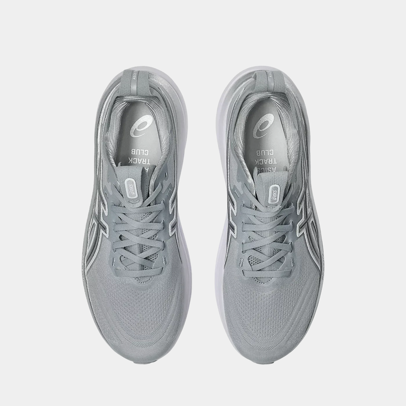 Asics Gel-Nimbus 28 ATC running shoes in solid gray with mesh upper and lace system, top view.
