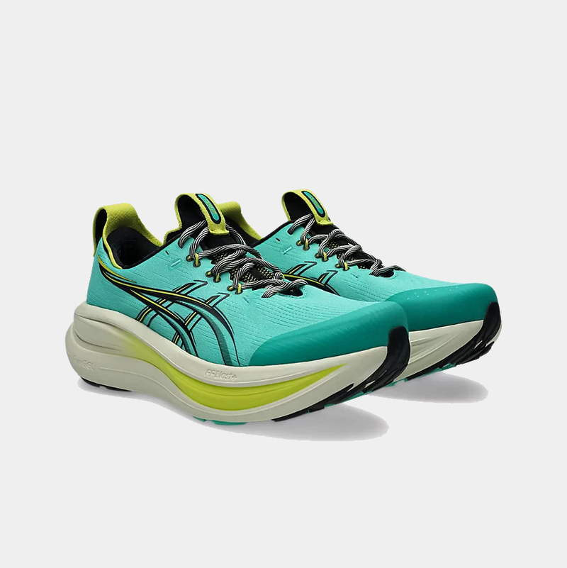 Asics GEL-Nimbus 28 TR running shoes in turquoise with black and lime green accents, featuring a cushioned FF BLAST PLUS midsole and breathable mesh upper, angled front side view.