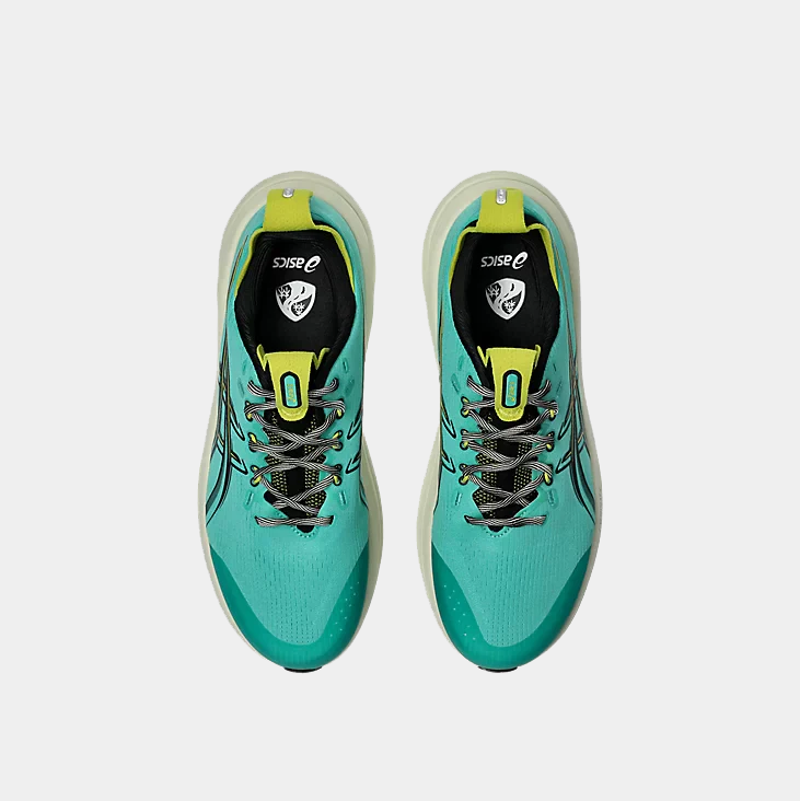 Asics GEL-Nimbus 28 TR running shoes in aqua blue with lime green accents and mesh upper, top view showing lace system and padded tongue.