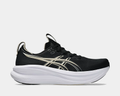 Asics Gel-Nimbus 28 running shoes in black with gold accents and white sole, side view.