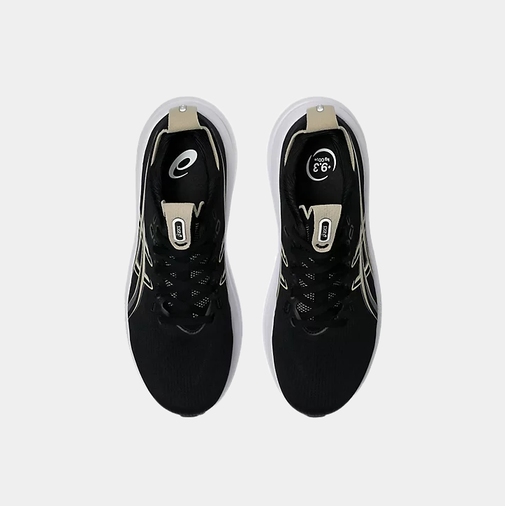 Asics Gel-Nimbus 28 running shoes in black with tan accents and breathable mesh upper, top view.