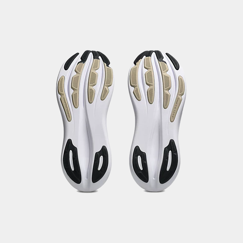 Asics Gel-Nimbus 28 running shoes, white and black soles with cushioning technology, bottom view.