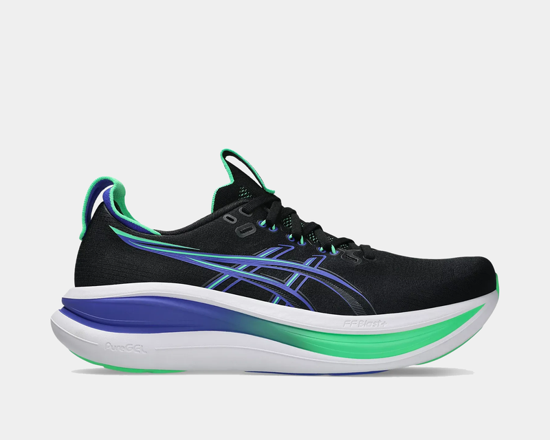 Asics Gel-Nimbus 28 running shoes in black with green and blue accents, side view showing FF Blast+ cushioning.