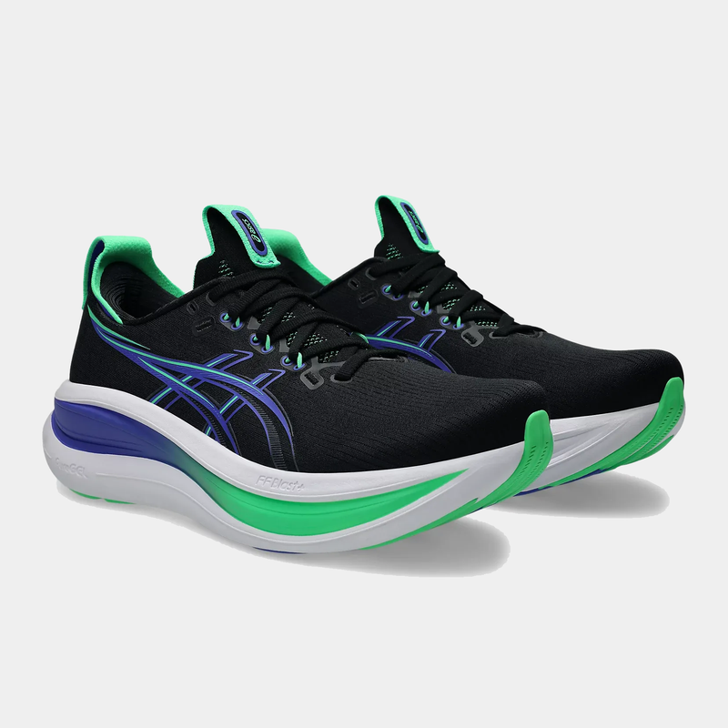 Asics Gel-Nimbus 28 running shoes in black with green and blue accents, featuring cushioned sole, front angle view.