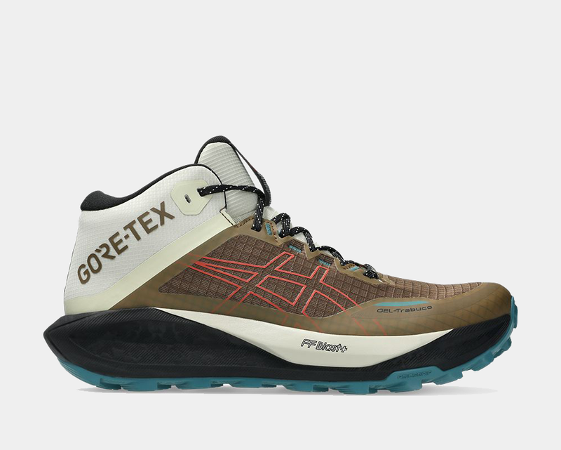 Asics Gel Trabuco 13 MT GTX trail running shoes in brown and white with Gore-Tex upper and FF Blast+ cushioning, side view.