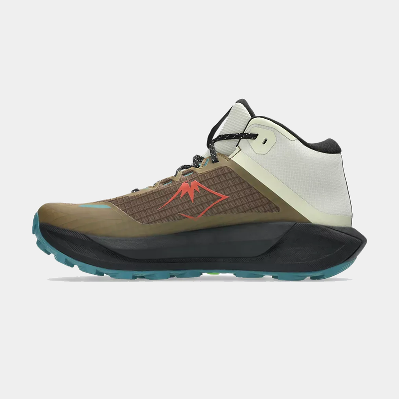 Asics Gel Trabuco 13 MT GTX trail running shoes, side view in brown, white, and black with Gore-Tex upper and rugged teal outsole.