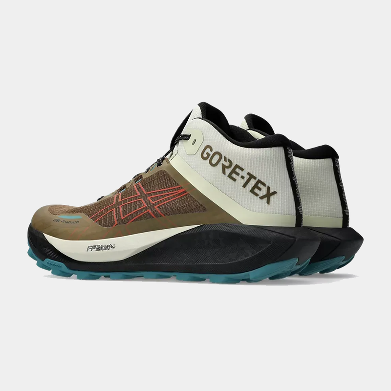 Asics Gel Trabuco 13 MT GTX trail running shoes in brown, beige, and coral with GORE-TEX upper and FF BLAST+ cushioning, side view.