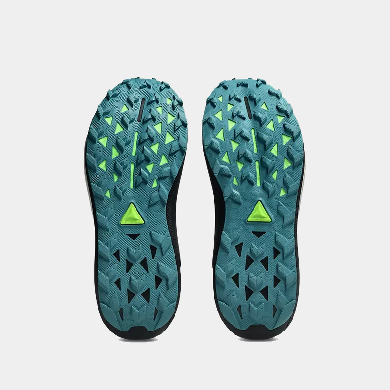 Asics Gel Trabuco 13 MT GTX trail running shoe soles, teal with green lugs for enhanced grip and durability.