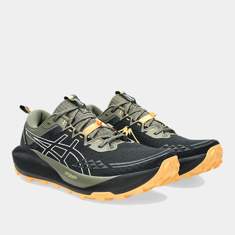 Asics Gel Trabuco 13 trail running shoes in black, olive green, and orange with rugged outsole and mesh upper, front-side view.