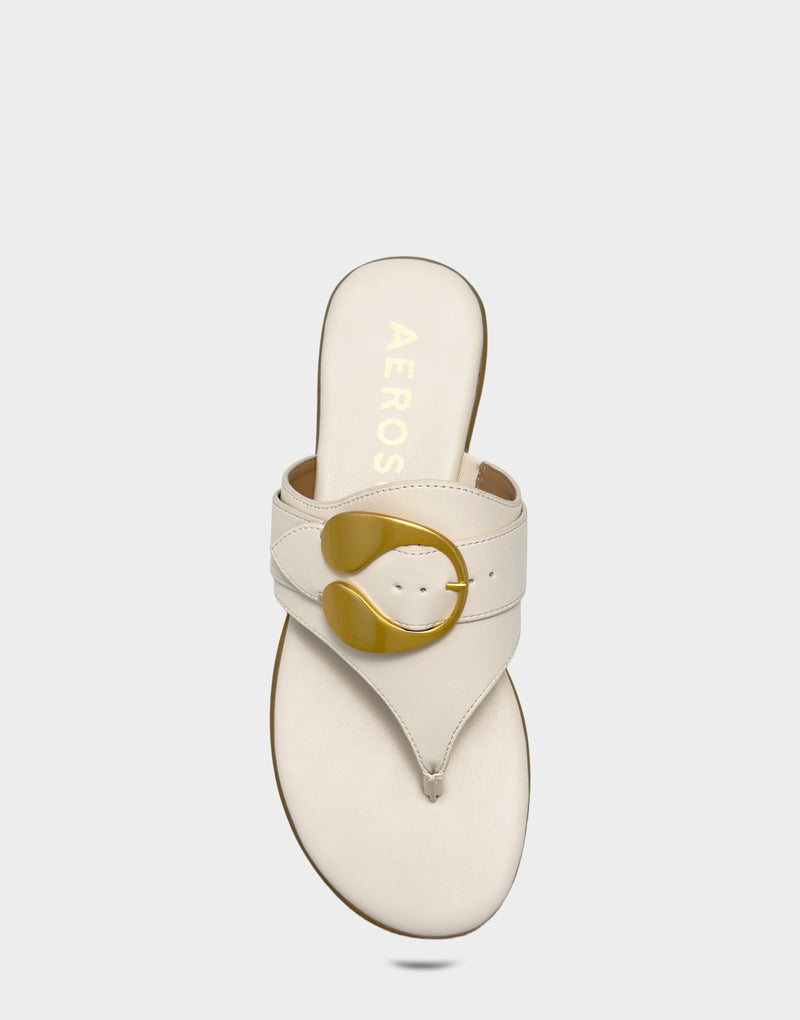 Comfortable Women's Flat Sandal in Cream Faux Leather Full Front View