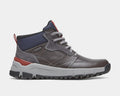 Dunham Glastonbury Mid Waterproof boots in dark gray leather with navy textile collar and red heel detail, side view.