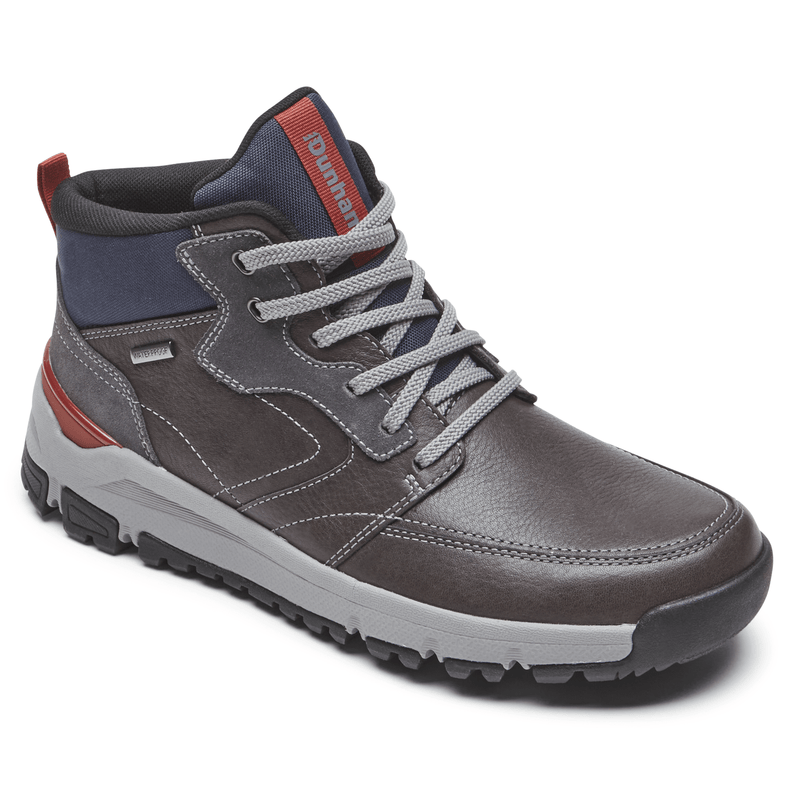 Dunham Glastonbury Mid Waterproof boots in dark brown leather with gray accents, waterproof construction, and rugged outsole, side view.