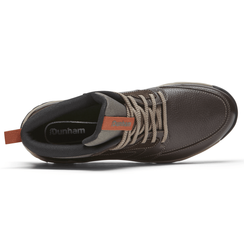 Dunham Glastonbury Mid Waterproof hiking shoe in brown leather with tan laces, top view showing padded collar and branding.