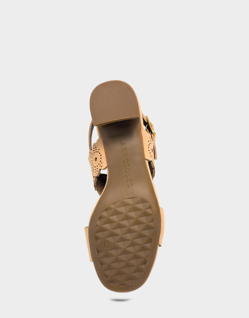 Comfortable Women's Heeled Sandal in Natural Perf Faux Nubuck Bottom View