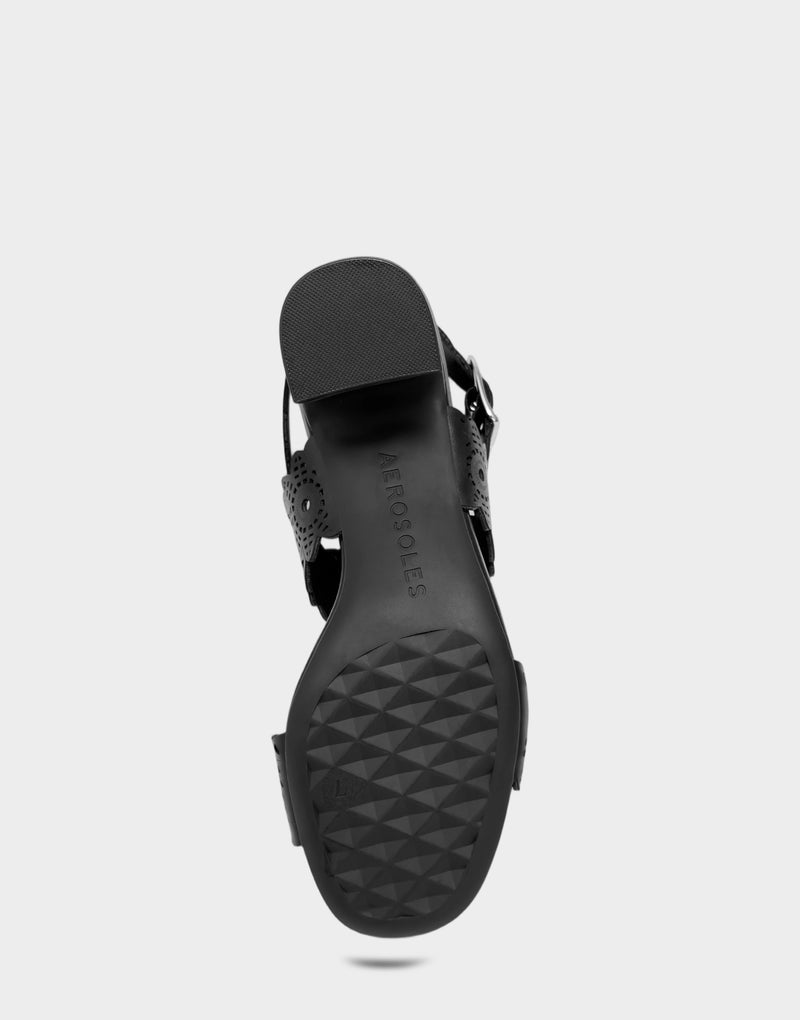 Comfortable Women's Heeled Sandal in Black Perf Faux Leather Bottom View