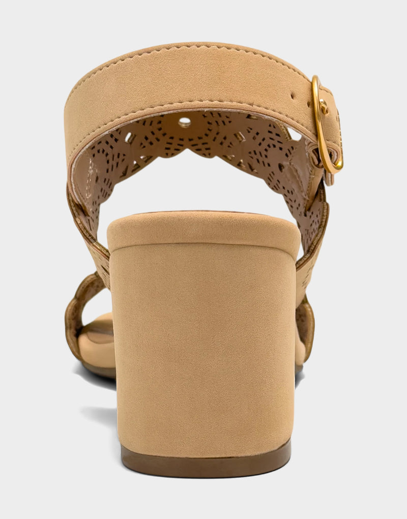 Comfortable Women's Heeled Sandal in Natural Perf Faux Nubuck Back View