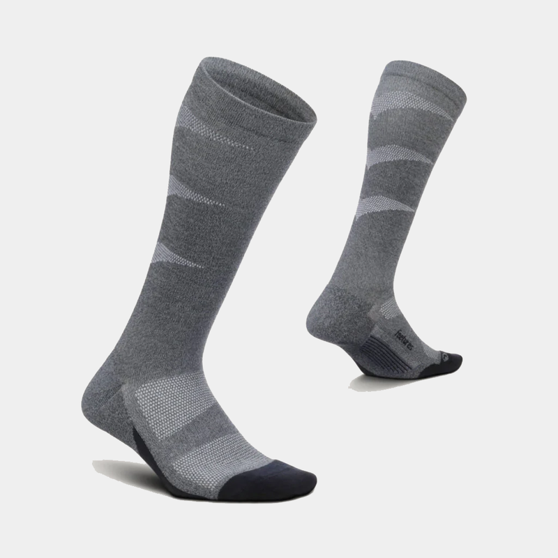 Feetures Graduated Compression Light Cushion socks in gray with black toe and heel, featuring a knee-high design and targeted compression, side angle.