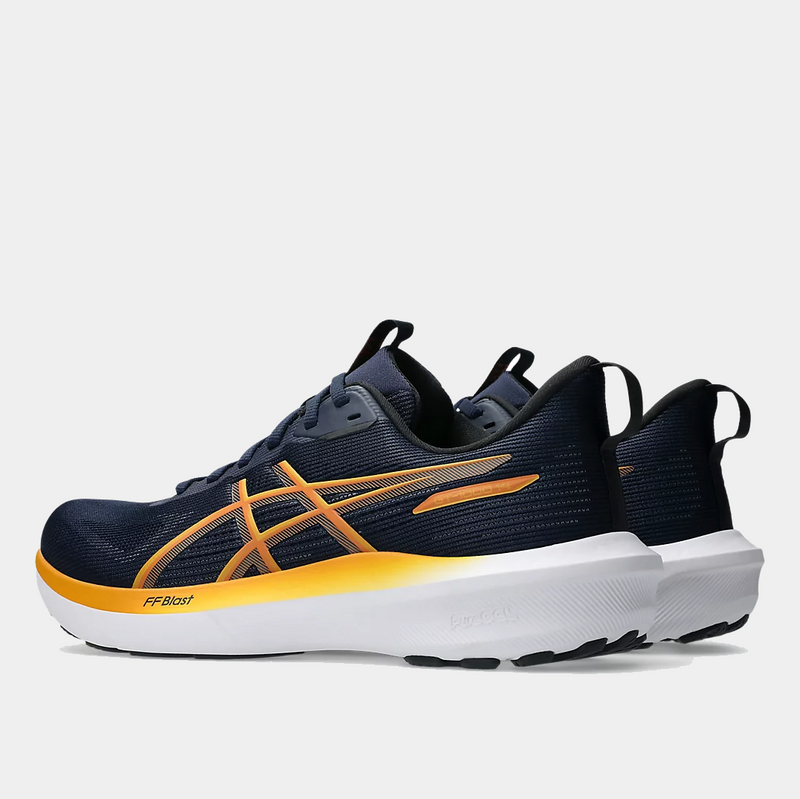 Asics GT-1000 14 running shoes in navy blue with orange accents and FF BLAST cushioning, side and rear view.