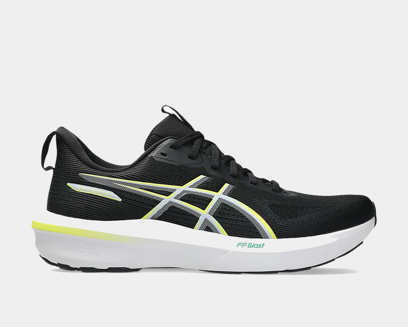 Asics GT-1000 14 running shoes in black with white and yellow accents, mesh upper, FF Blast cushioning, side view.
