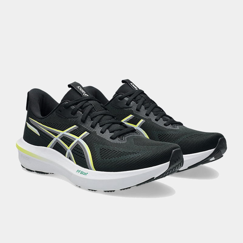 Asics GT-1000 14 running shoes in black with white and lime green accents, featuring a breathable mesh upper and FF BLAST+ cushioning, front angle view.