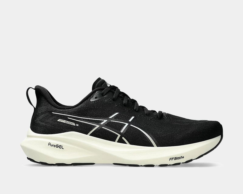 A pair of black ASICS GT-2000 13 running shoes with white and gray accents.