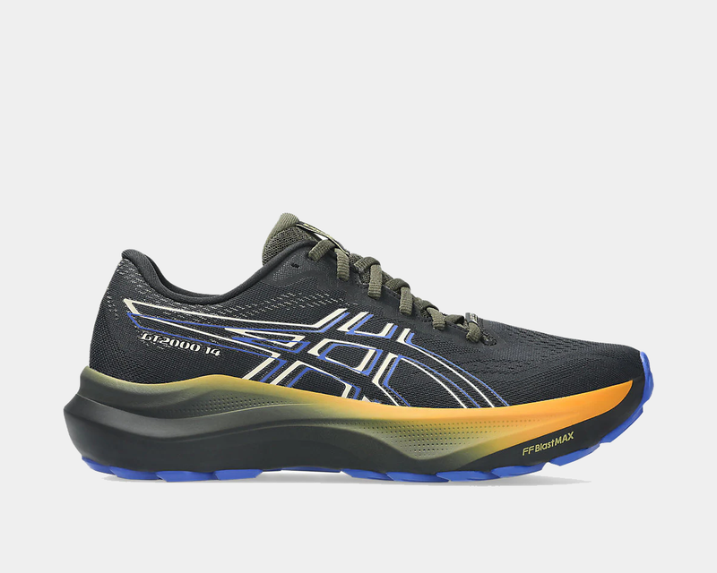 Asics GT-2000 14 GTX running shoes in black with Gore-Tex upper, orange midsole, and blue outsole, side view
