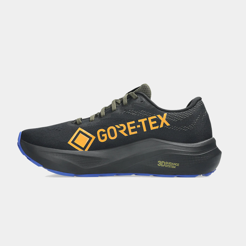 Asics GT-2000 14 GTX running shoes in black with Gore-Tex waterproof upper, orange branding, and 3D Guidance System, side view.