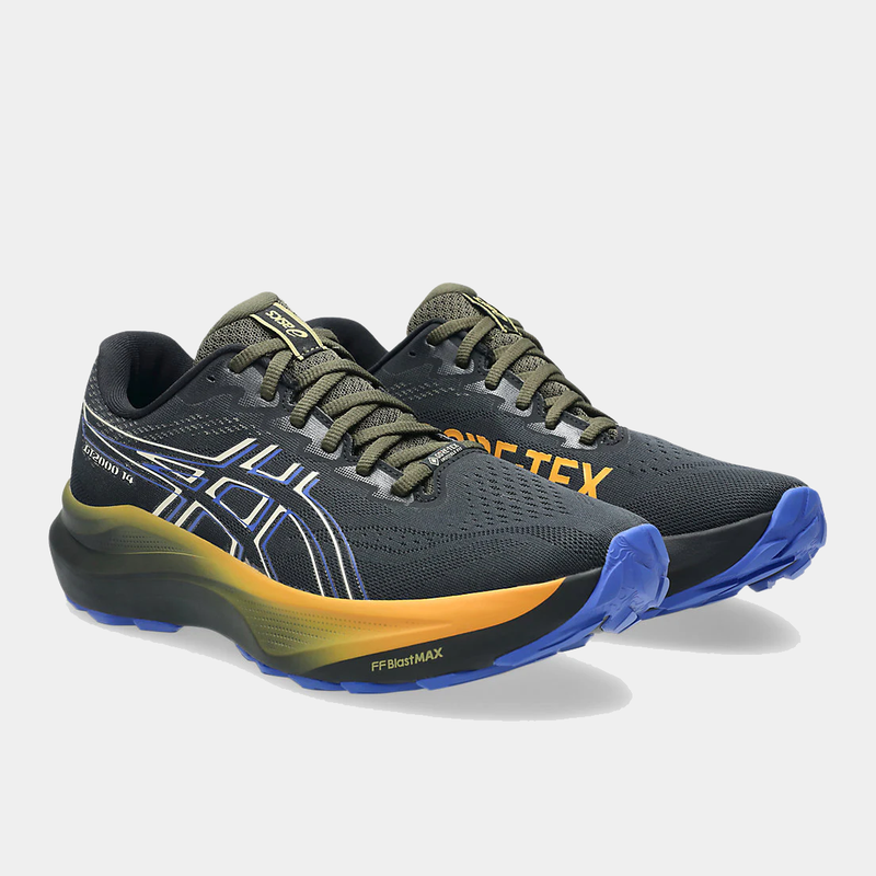 Asics GT-2000 14 GTX running shoes with a dark gray mesh upper, olive green accents, Gore-Tex overlay, orange midsole, and blue outsole, angled front-side view.