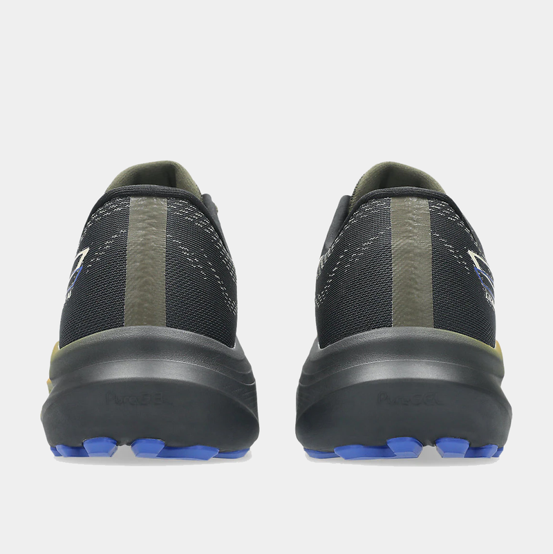 Asics GT-2000 14 GTX running shoes, back view showing black mesh upper, olive green accents, and FlyteFoam sole with blue tread.