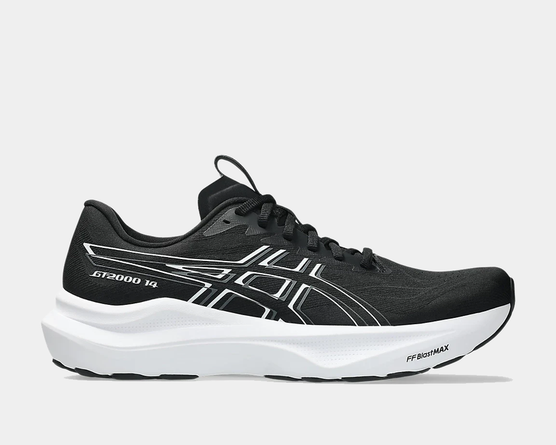 Asics GT-2000 14 running shoes in black with a breathable mesh upper, white FF Blast midsole, and side view showcasing logo details.