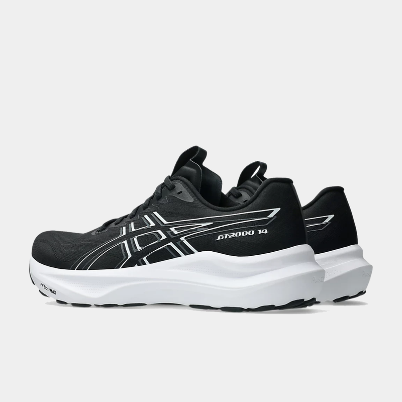 Asics GT-2000 14 running shoes in black with white accents, FF BLAST midsole cushioning, side angle view.
