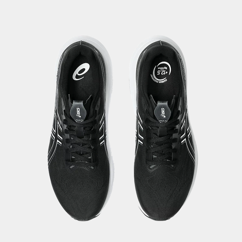 Asics GT-2000 14 running shoes in black with mesh upper and padded tongue, top view showing lacing system and interior branding.