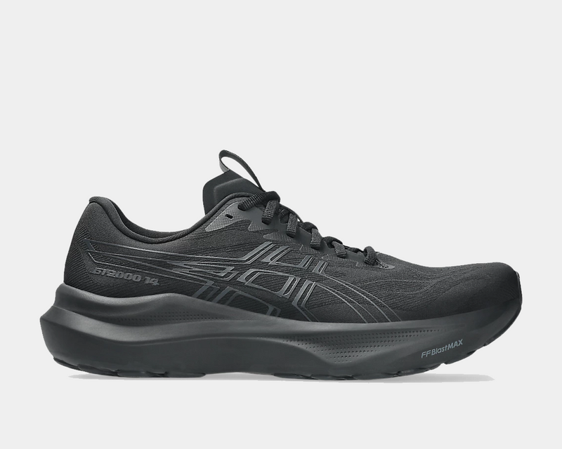 Asics GT-2000 14 running shoes in all-black with engineered mesh upper, FF Blast cushioning, and side view profile.