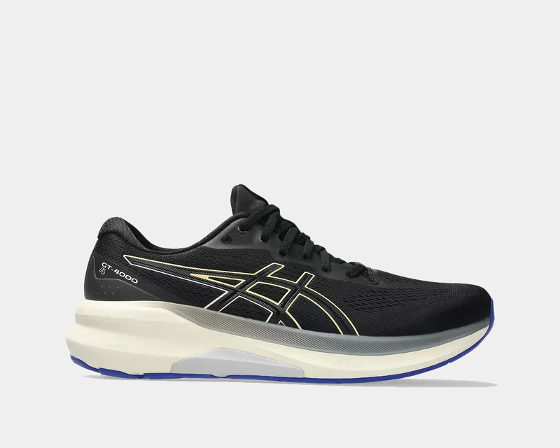 Asics GT-4000 4 running shoes in black with yellow accents, breathable mesh upper, and cushioned midsole, side view.