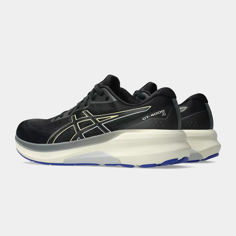 Asics GT-4000 4 running shoes in black with white and light yellow accents, featuring a cushioned midsole and blue rubber outsole, side view.