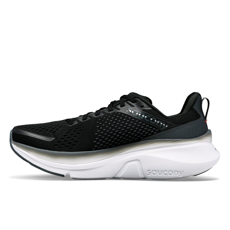 Saucony Guide 17 running shoes in black with breathable mesh upper, reflective details, and white cushioned midsole, side view.