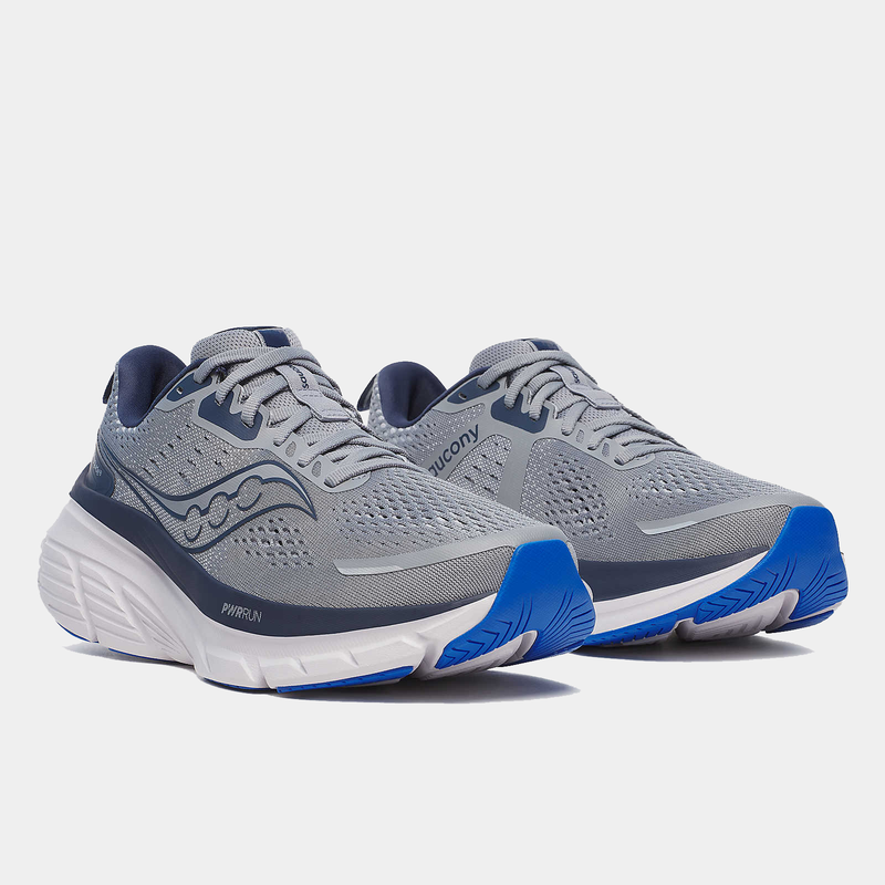 Saucony Guide 18 running shoes in gray with blue accents, mesh upper, and PWRRUN cushioning, front angle view.