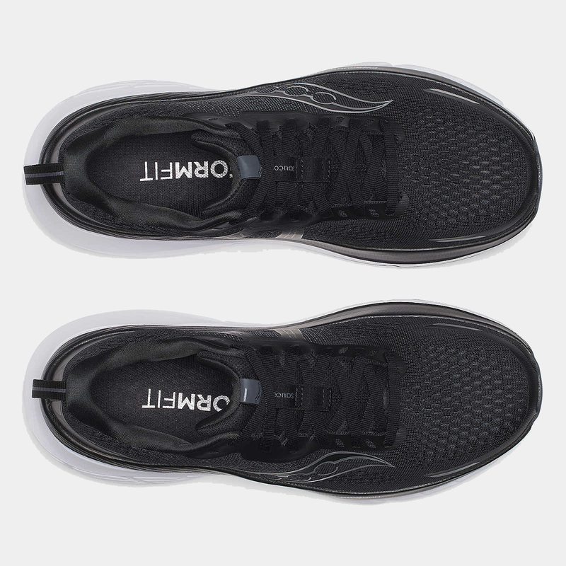 Saucony Guide 18 running shoes in black with mesh upper and lace system, top view.