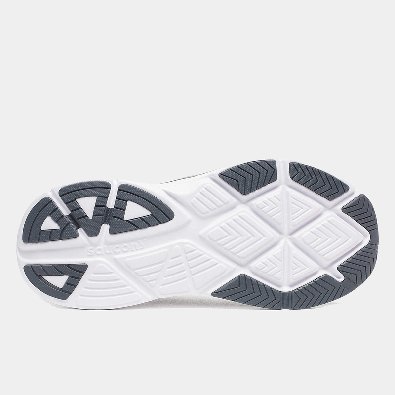 Saucony Guide 18 running shoes outsole with white rubber and gray traction patterns, bottom view showing flex grooves.