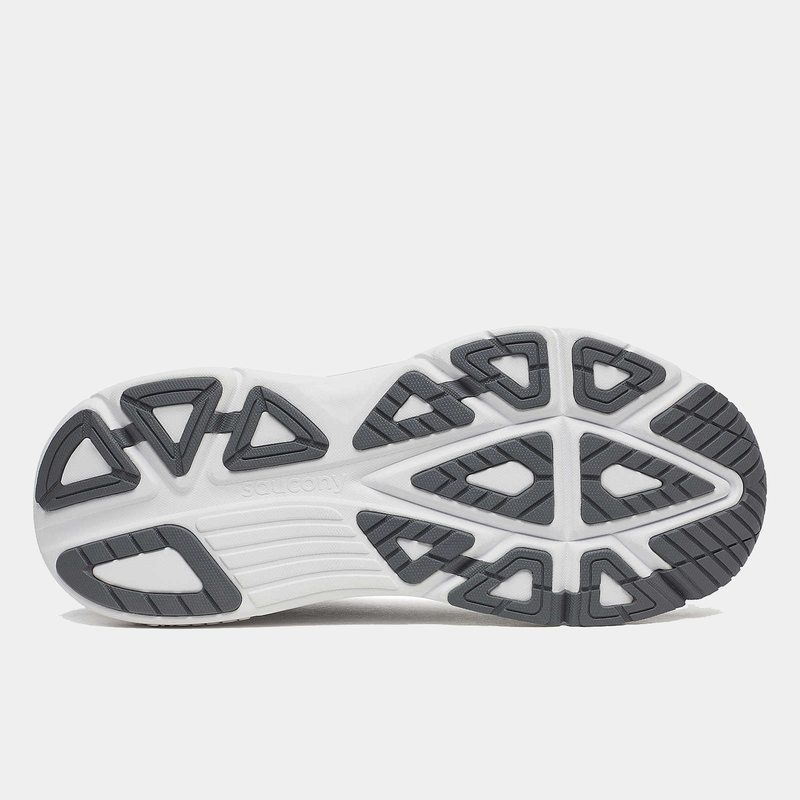 Saucony Guide 19 running shoes outsole in white and gray showing durable rubber tread pattern and flex grooves.